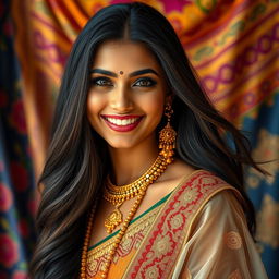 A captivating portrait of a hot Indian woman with an alluring smile, dressed in elegant traditional attire
