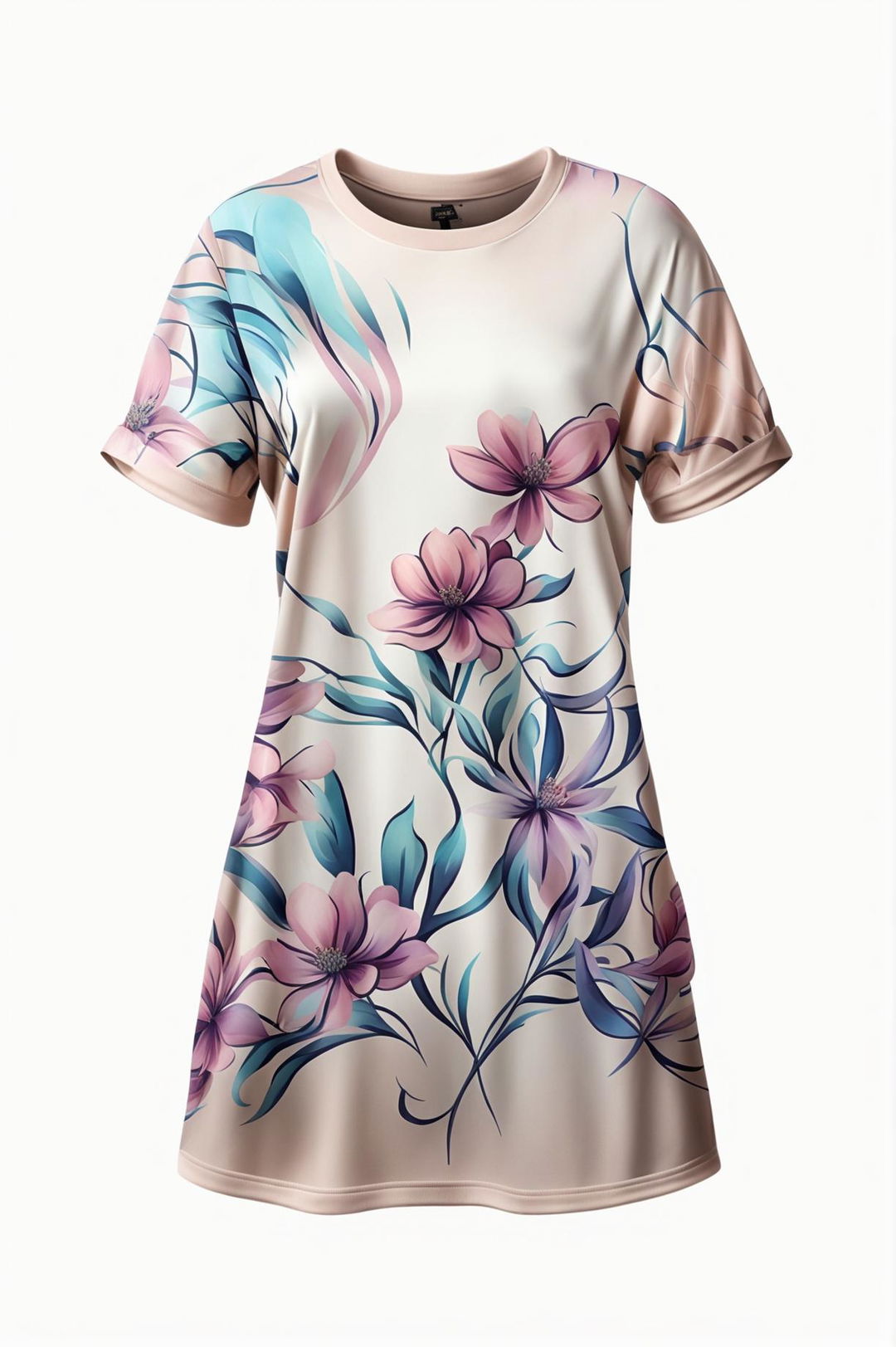 A high-quality digital art image of a graphic t-shirt dress with a pastel floral design