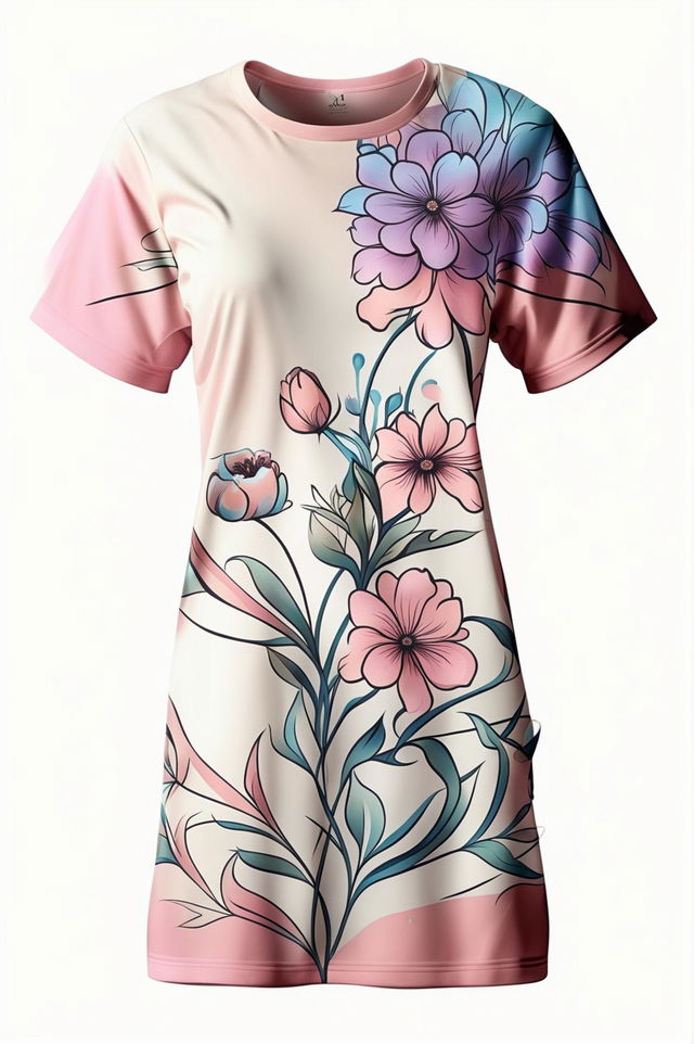 A high-quality digital art image of a graphic t-shirt dress with a detailed pastel floral design