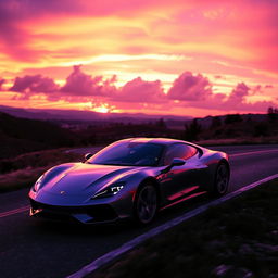 A sleek car driving down a winding embankment, the scene bathed in the vibrant purple hues of a sunset sky