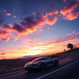 A sleek car driving down a winding embankment, the scene bathed in the vibrant purple hues of a sunset sky