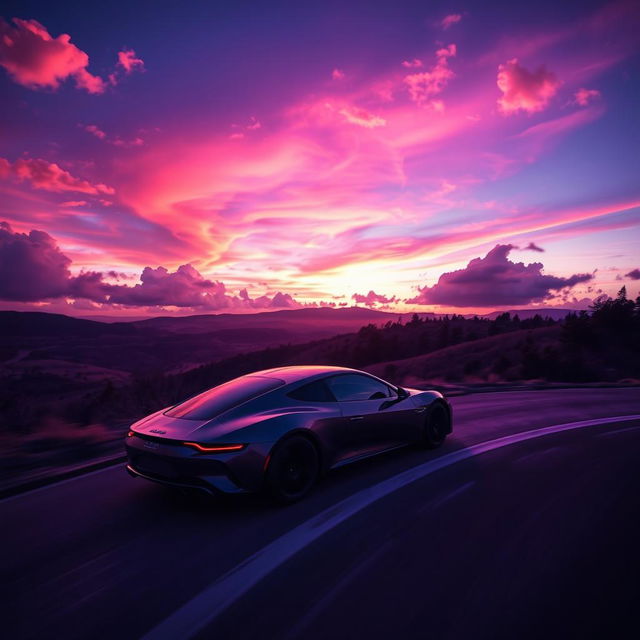 A sleek car driving down a winding embankment, the scene bathed in the vibrant purple hues of a sunset sky