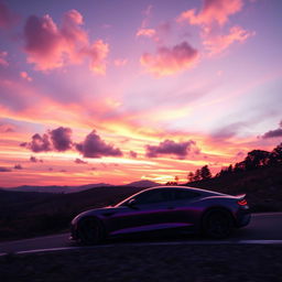 A sleek car driving down a winding embankment, the scene bathed in the vibrant purple hues of a sunset sky
