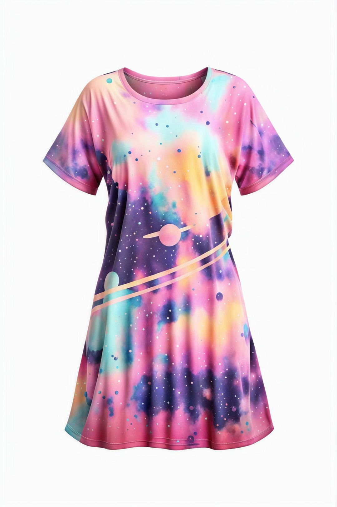 A high-quality digital art image of a graphic t-shirt dress with a dreamy, cosmic pastel design