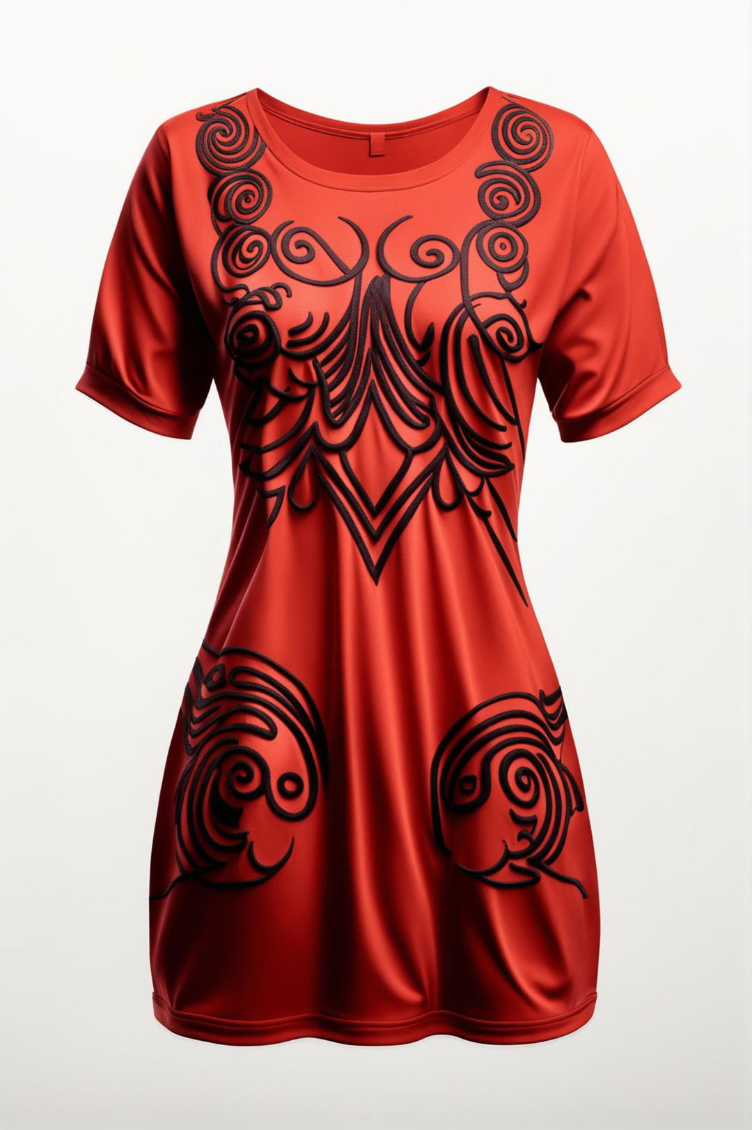 A high-quality digital art image of a graphic t-shirt dress with intricate black and red embroidery