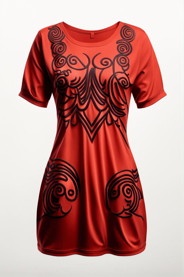 A high-quality digital art image of a graphic t-shirt dress with intricate black and red embroidery