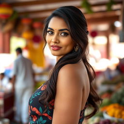 A stunning portrait of an Indian woman with a curvy figure and an eye-catching outfit that accentuates her features