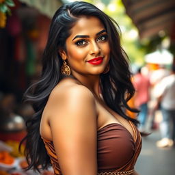 A stunning portrait of an Indian woman with a curvy figure and an eye-catching outfit that accentuates her features
