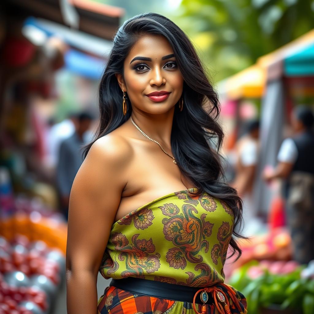 A stunning portrait of an Indian woman with a curvy figure and an eye-catching outfit that accentuates her features