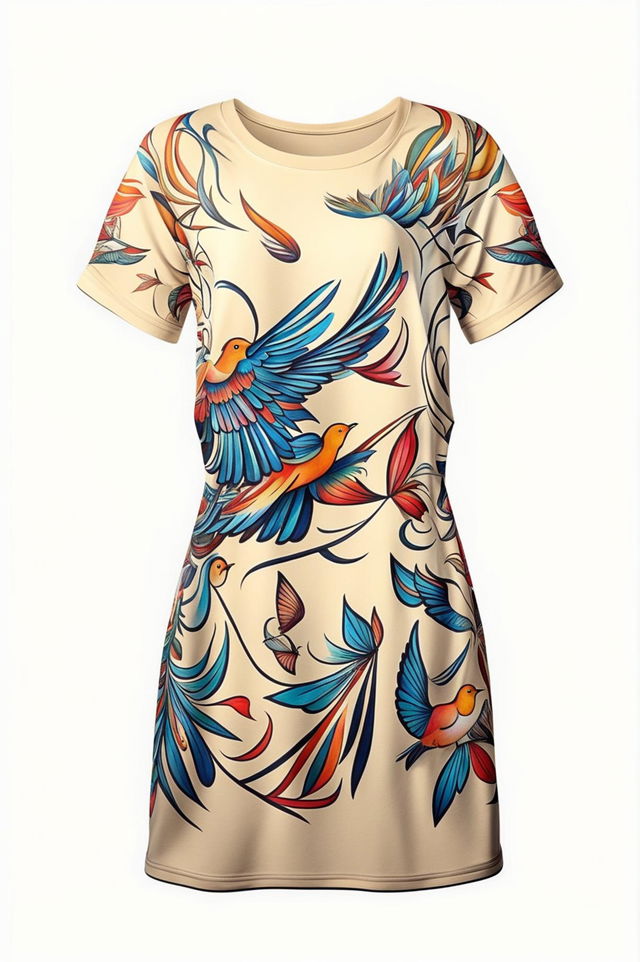 A high-quality digital art image of a graphic t-shirt dress with a detailed bird design