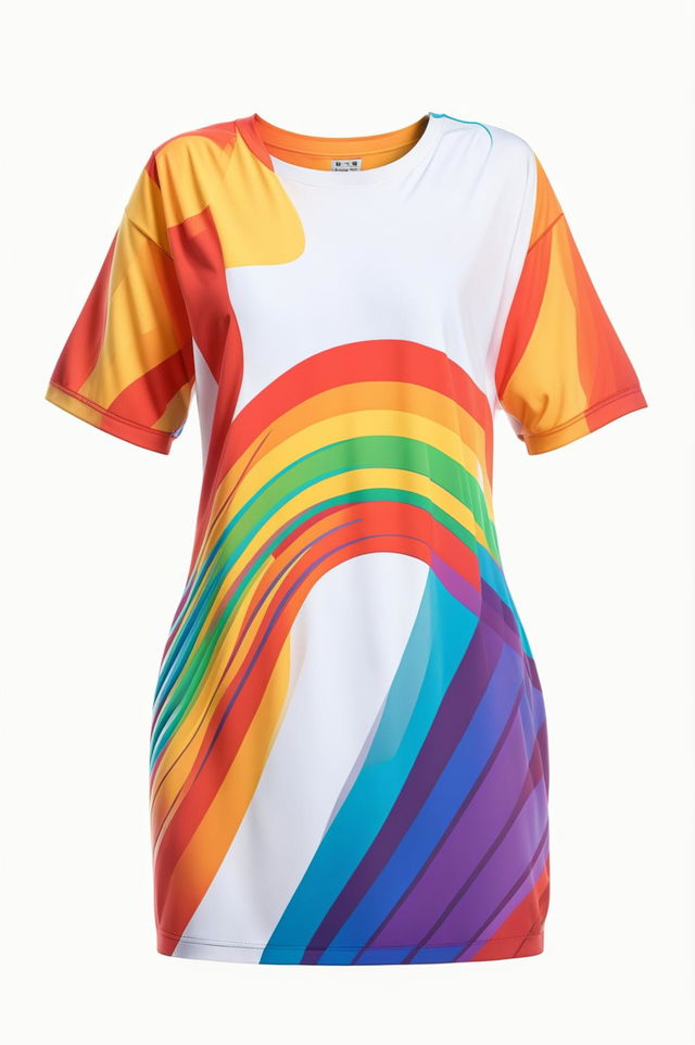 A high-quality digital art image of a graphic t-shirt dress with a vibrant rainbow design