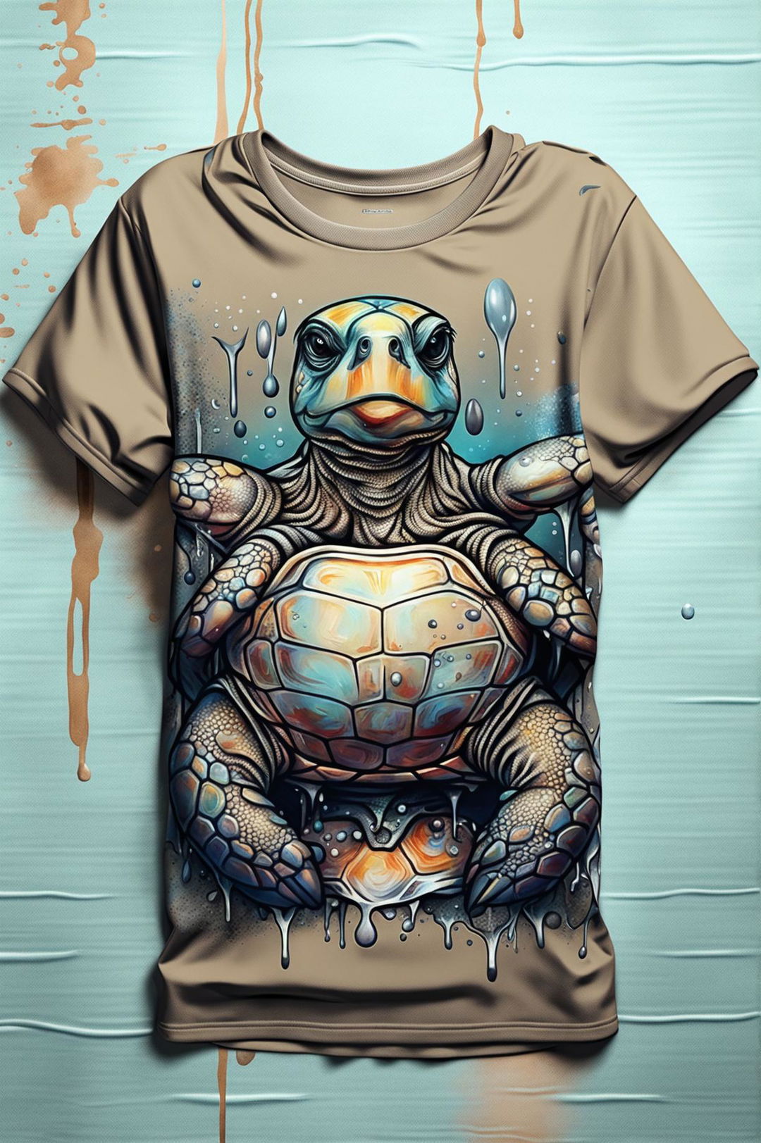 A high-quality digital art image of a graphic t-shirt dress featuring a detailed design of a crying turtle