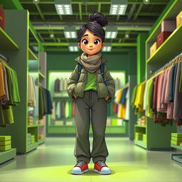 A beautiful, large cartoon model standing in a clothing store with green and gray decor