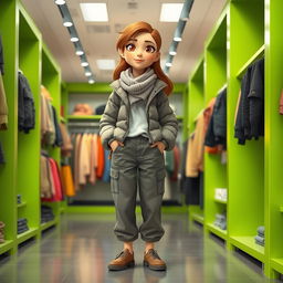 A beautiful, large cartoon model standing in a clothing store with green and gray decor