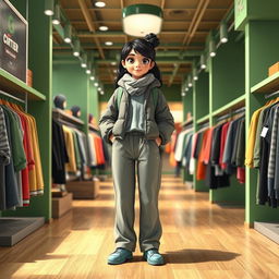 A beautiful, large cartoon model standing in a clothing store with green and gray decor