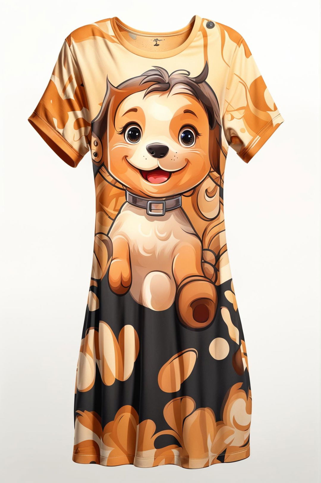 A high-quality digital art image of a graphic t-shirt dress featuring a charming design of a happy puppy