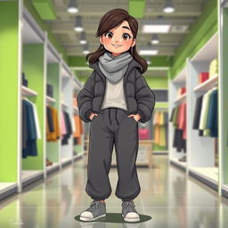 A beautiful, large cartoon model standing in a clothing store with green and gray decor