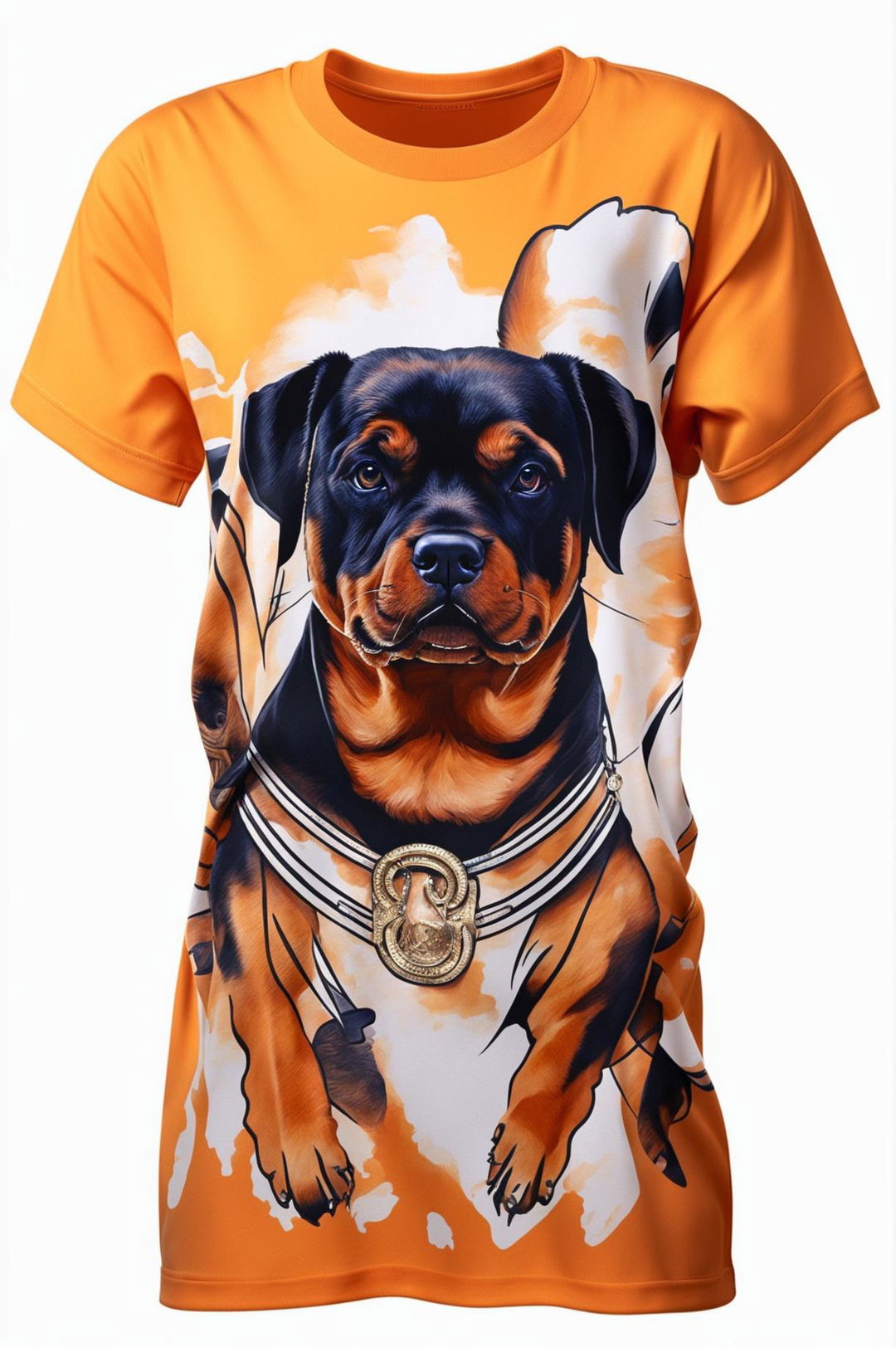 A high-quality digital art image of a Givenchy graphic t-shirt dress featuring a detailed Rottweiler design