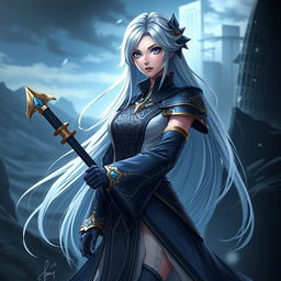 A stunning portrait of Eula from Genshin Impact, a tall, beautiful woman with long, flowing silvery-blue hair and piercing blue eyes