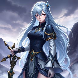 A stunning portrait of Eula from Genshin Impact, a tall, beautiful woman with long, flowing silvery-blue hair and piercing blue eyes