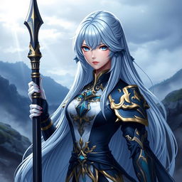 A stunning portrait of Eula from Genshin Impact, a tall, beautiful woman with long, flowing silvery-blue hair and piercing blue eyes