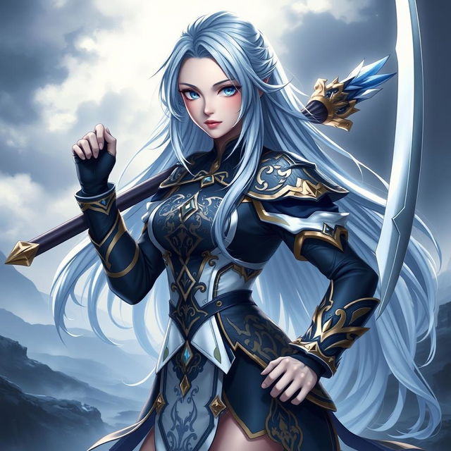 A stunning portrait of Eula from Genshin Impact, a tall, beautiful woman with long, flowing silvery-blue hair and piercing blue eyes
