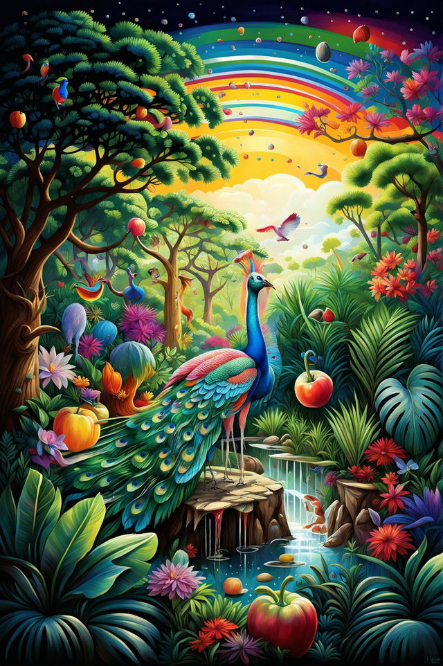 A vibrant digital art image featuring a peacock, various trees, and other animals such as a squirrel, hedgehog, dove, rabbits, parrots, a giraffe, swan, flamingo, and an elephant