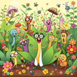 A collection of fun and whimsical cartoon illustrations of various plant pathogens, such as fungi, bacteria, and viruses, depicted with playful expressions and vibrant colors