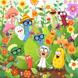 A collection of fun and whimsical cartoon illustrations of various plant pathogens, such as fungi, bacteria, and viruses, depicted with playful expressions and vibrant colors