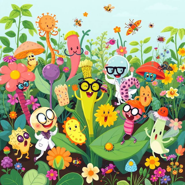 A collection of fun and whimsical cartoon illustrations of various plant pathogens, such as fungi, bacteria, and viruses, depicted with playful expressions and vibrant colors