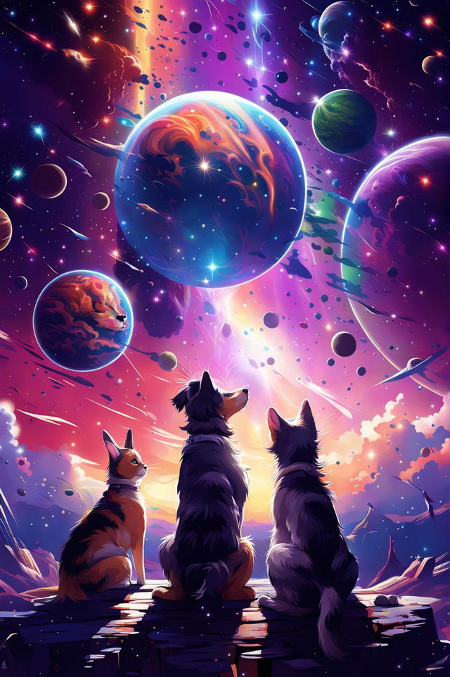 A digital art image depicting a vibrant cosmic scene with celestial bodies and a spectrum of colors