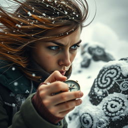 A close-up image of a determined young woman battling against fierce wind and icy weather