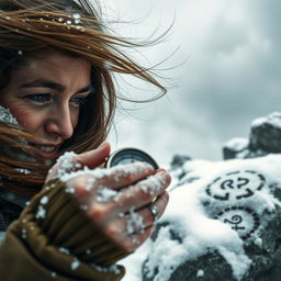 A close-up image of a determined young woman battling against fierce wind and icy weather