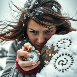A close-up image of a determined young woman battling against fierce wind and icy weather