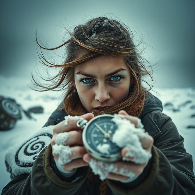 A close-up image of a determined young woman battling against fierce wind and icy weather