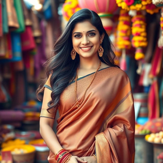 A beautiful portrayal of an Indian woman in a traditional saree, elegantly draped around her figure, with a stylish blouse that complements her look