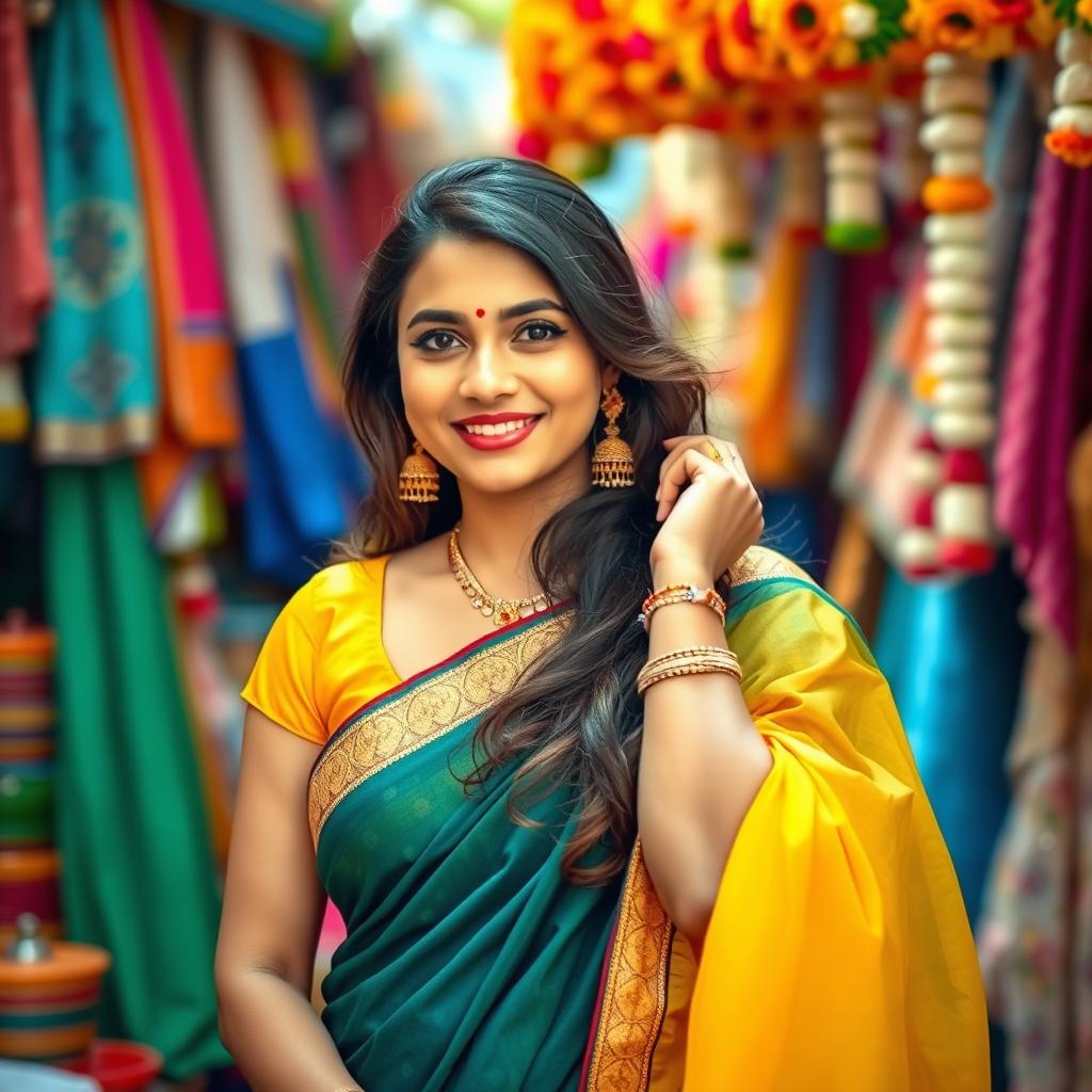 A beautiful portrayal of an Indian woman in a traditional saree, elegantly draped around her figure, with a stylish blouse that complements her look