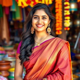 A beautiful portrayal of an Indian woman in a traditional saree, elegantly draped around her figure, with a stylish blouse that complements her look