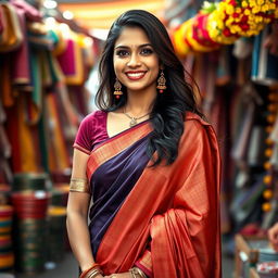 A beautiful portrayal of an Indian woman in a traditional saree, elegantly draped around her figure, with a stylish blouse that complements her look