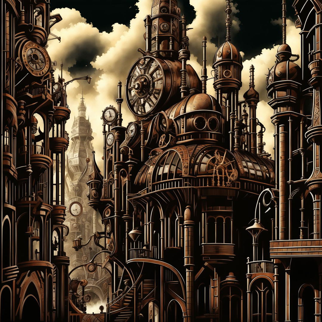 A digital art piece depicting a steampunk-inspired world with mechanical creatures, towering skyscrapers, and steam-powered contraptions