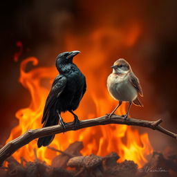 A vivid scene featuring a crow perched on a branch, engaged in a conversation with a small bird positioned on an adjacent branch