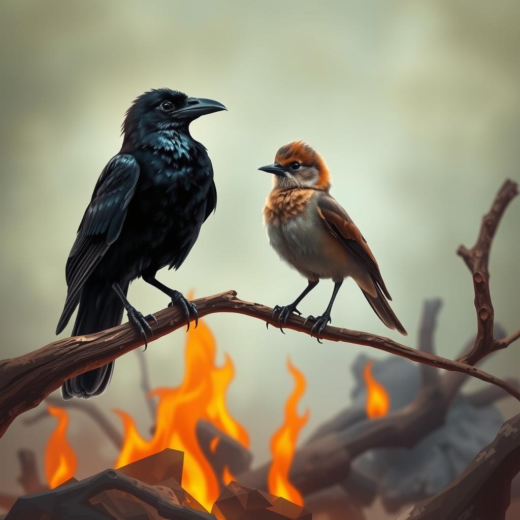 A vivid scene featuring a crow perched on a branch, engaged in a conversation with a small bird positioned on an adjacent branch