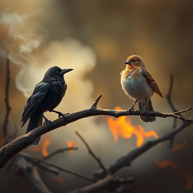 A vivid scene featuring a crow perched on a branch, engaged in a conversation with a small bird positioned on an adjacent branch