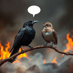 A vivid scene featuring a crow perched on a branch, engaged in a conversation with a small bird positioned on an adjacent branch