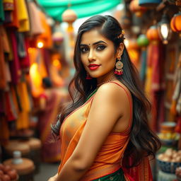 A captivating portrait of a confident Indian woman with a curvaceous figure, elegantly dressed in traditional attire that beautifully highlights her silhouette