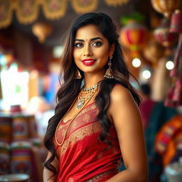 A captivating portrait of a confident Indian woman with a curvaceous figure, elegantly dressed in traditional attire that beautifully highlights her silhouette