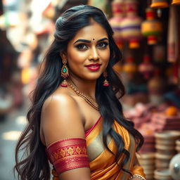 A captivating portrait of a confident Indian woman with a curvaceous figure, elegantly dressed in traditional attire that beautifully highlights her silhouette