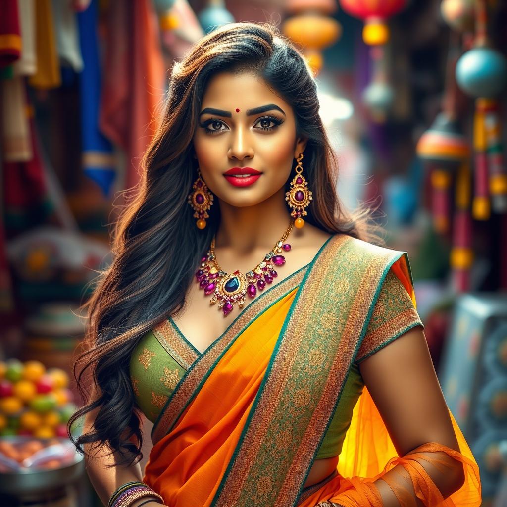 A captivating portrait of a confident Indian woman with a curvaceous figure, elegantly dressed in traditional attire that beautifully highlights her silhouette