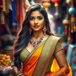 A captivating portrait of a confident Indian woman with a curvaceous figure, elegantly dressed in traditional attire that beautifully highlights her silhouette