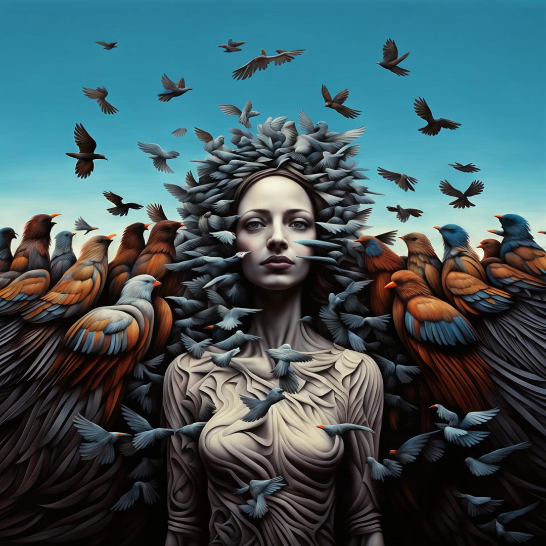 A high-quality digital art piece depicting a surreal portrait of a figure morphing into a flock of birds, symbolizing freedom and transformation